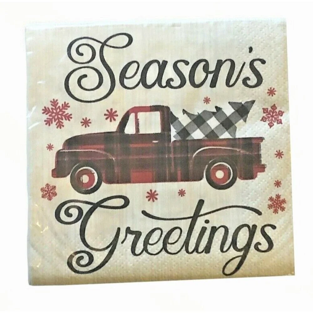 Christmas Red Farm Truck Paper Cocktail Napkins Seasons Greetings 60ct Decoupage